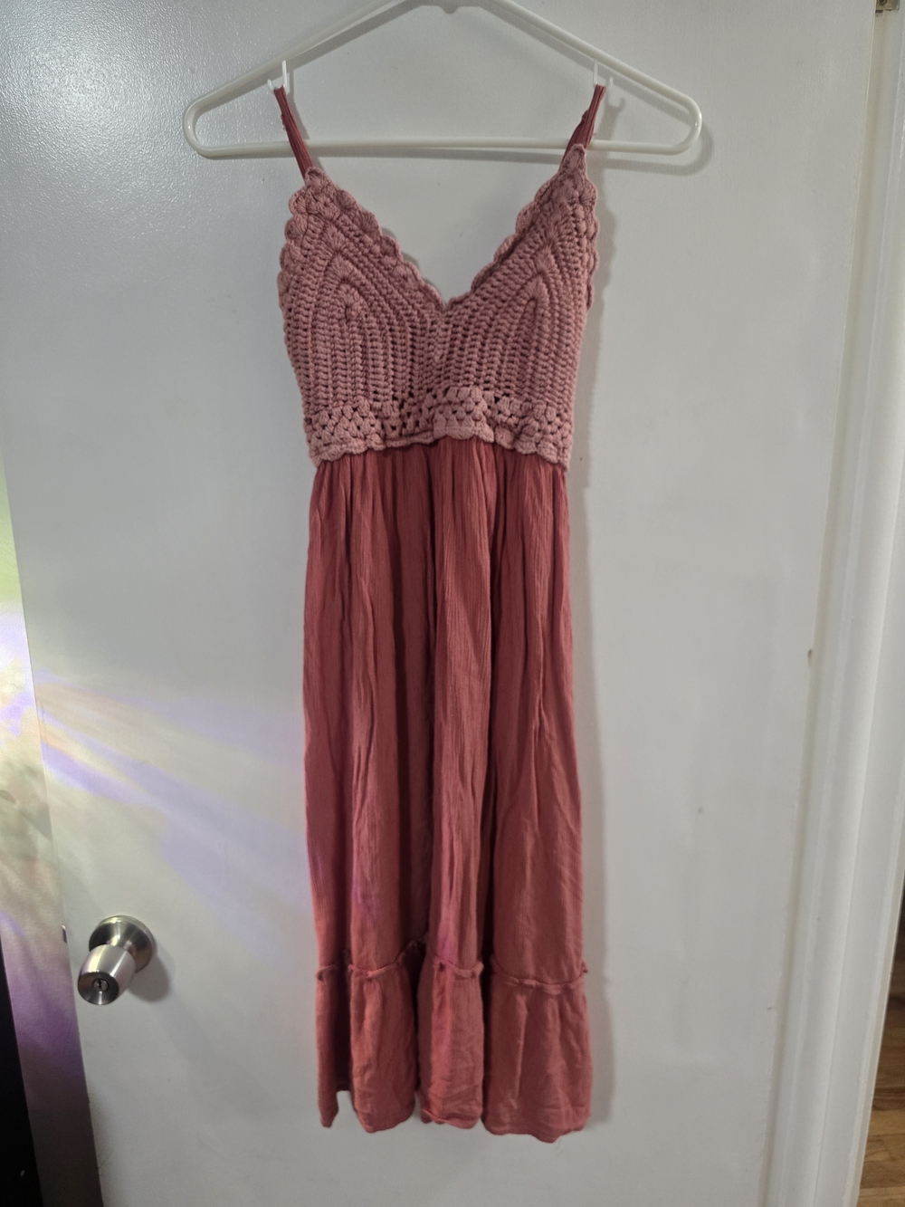 Boho Pink Crochet Bodice Dress Women’s Small Midi Sundress Cottagecore Festival